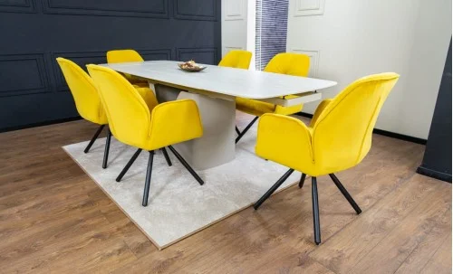 Set Masă Living Extensibilă DTM0405CS Blat Ceramic Bej cu 6 Scaune Rotative KJC80 Galbene