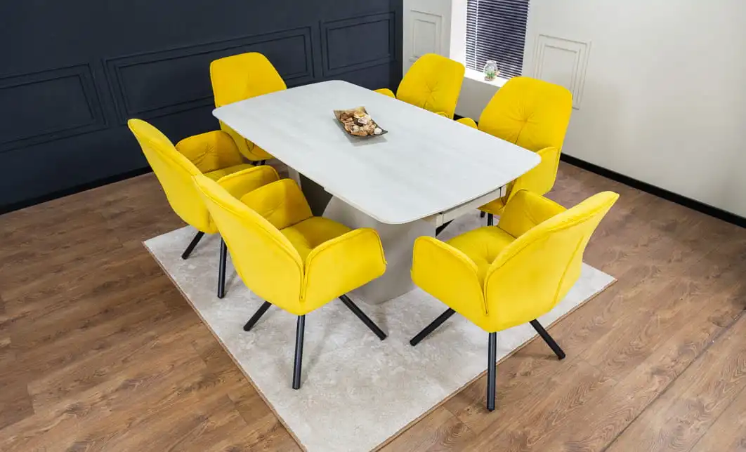 Set Masă Living Extensibilă DTM0405CS Blat Ceramic Bej cu 6 Scaune Rotative KJC80 Galbene 4