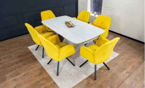 Set Masă Living Extensibilă DTM0405CS Blat Ceramic Bej cu 6 Scaune Rotative KJC80 Galbene