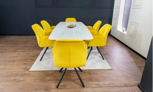Set Masă Living Extensibilă DTM0405CS Blat Ceramic Bej cu 6 Scaune Rotative KJC80 Galbene