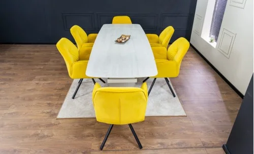 Set Masă Living Extensibilă DTM0405CS Blat Ceramic Bej cu 6 Scaune Rotative KJC80 Galbene