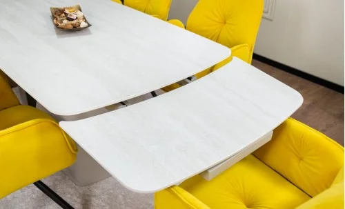 Set Masă Living Extensibilă DTM0405CS Blat Ceramic Bej cu 6 Scaune Rotative KJC80 Galbene