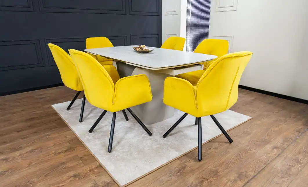Set Masă Living Extensibilă DTM0405CS Blat Ceramic Bej cu 6 Scaune Rotative KJC80 Galbene 5