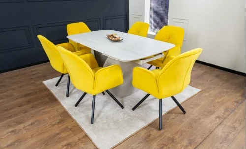 Set Masă Living Extensibilă DTM0405CS Blat Ceramic Bej cu 6 Scaune Rotative KJC80 Galbene
