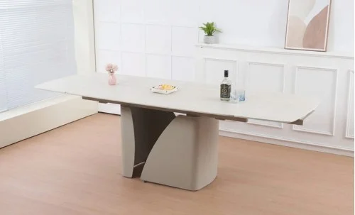Set Masă Living Extensibilă Bej DTM0405CS Blat Ceramic cu 6 Scaune Rotative DCM0104CS Gri