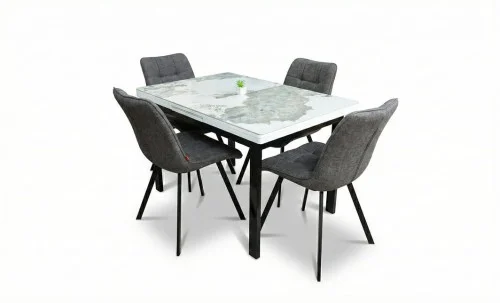 Set Masă Living Extensibilă Blat Ceramic KJT416 Alb-Cappuccino cu 4 Scaune DCM1801CF Gri
