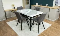 Set Masă Living Extensibilă Blat Ceramic KJT416 Alb-Cappuccino cu 4 Scaune DCM1801CF Gri