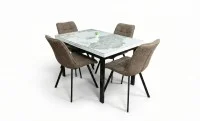 Set Masă Living Extensibilă Blat Ceramic KJT416 Alb-Cappuccino cu 4 Scaune DCM1801CF Maro 1