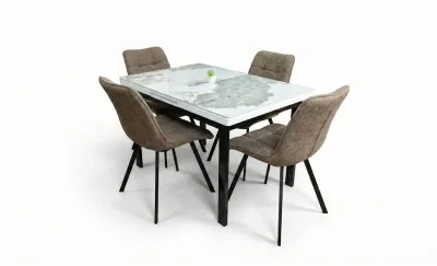 Set Masă Living Extensibilă Blat Ceramic KJT416 Alb-Cappuccino cu 4 Scaune DCM1801CF Maro