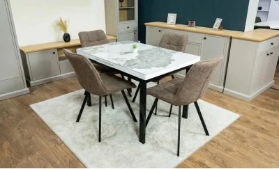 Set Masă Living Extensibilă Blat Ceramic KJT416 Alb-Cappuccino cu 4 Scaune DCM1801CF Maro