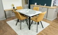 Set Masă Living Extensibilă Blat Ceramic KJT416 Alb-Cappuccino cu 4 Scaune DCM1801CF Muștar