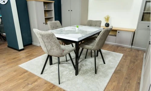 Set Masă Living Extensibilă Blat Ceramic KJT416 Alb-Cappuccino cu 4 Scaune DCM1801CF Verzi