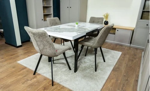 Set Masă Living Extensibilă Blat Ceramic KJT416 Alb-Cappuccino cu 4 Scaune DCM1801CF Verzi