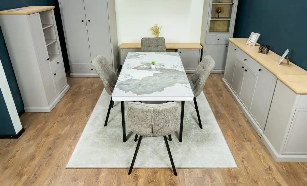 Set Masă Living Extensibilă Blat Ceramic KJT416 Alb-Cappuccino cu 4 Scaune DCM1801CF Verzi