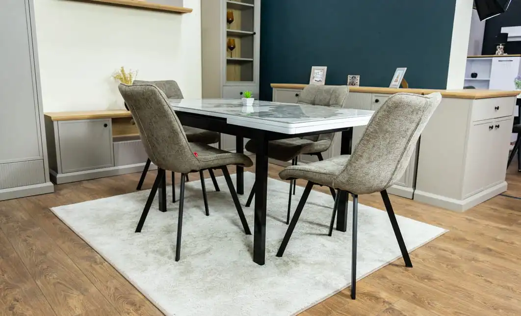 Set Masă Living Extensibilă Blat Ceramic KJT416 Alb-Cappuccino cu 4 Scaune DCM1801CF Verzi 4
