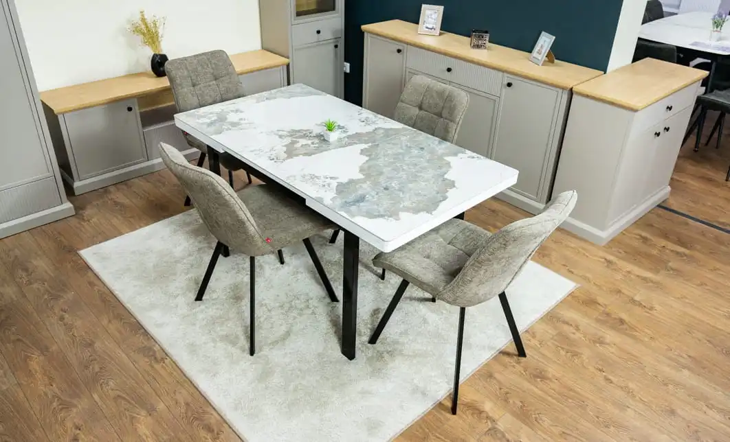 Set Masă Living Extensibilă Blat Ceramic KJT416 Alb-Cappuccino cu 4 Scaune DCM1801CF Verzi 6