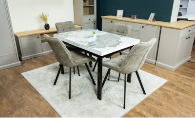 Set Masă Living Extensibilă Blat Ceramic KJT416 Alb-Cappuccino cu 4 Scaune DCM1801CF Verzi