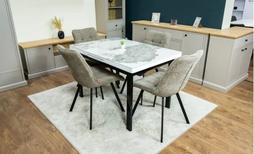 Set Masă Living Extensibilă Blat Ceramic KJT416 Alb-Cappuccino cu 4 Scaune DCM1801CF Verzi