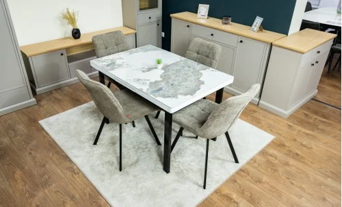 Set Masă Living Extensibilă Blat Ceramic KJT416 Alb-Cappuccino cu 4 Scaune DCM1801CF Verzi