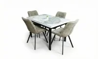 Set Masă Living Extensibilă Blat Ceramic KJT416 Alb-Cappuccino cu 4 Scaune DCM1801CF Verzi 1