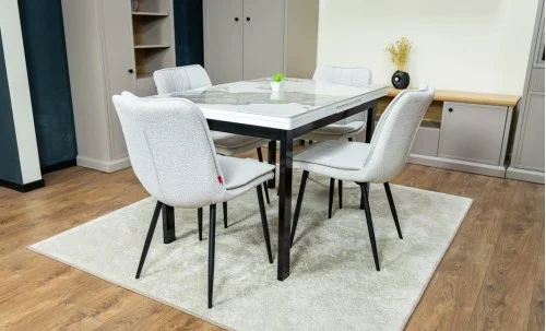 Set Masă Living Extensibilă Blat Ceramic KJT416 Alb-Cappuccino cu 4 Scaune DCM2001AF Bej