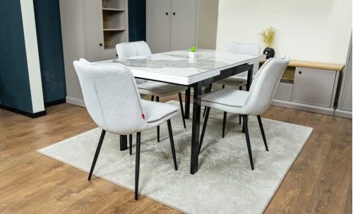 Set Masă Living Extensibilă Blat Ceramic KJT416 Alb-Cappuccino cu 4 Scaune DCM2001AF Bej