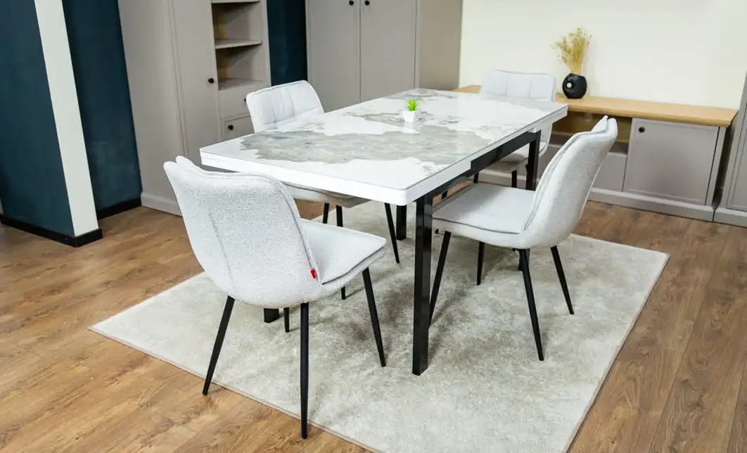Set Masă Living Extensibilă Blat Ceramic KJT416 Alb-Cappuccino cu 4 Scaune DCM2001AF Bej