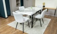 Set Masă Living Extensibilă Blat Ceramic KJT416 Alb-Cappuccino cu 4 Scaune DCM2001AF Bej