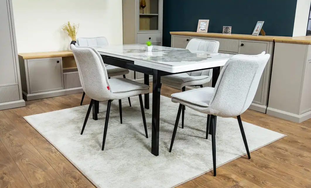 Set Masă Living Extensibilă Blat Ceramic KJT416 Alb-Cappuccino cu 4 Scaune DCM2001AF Bej 5