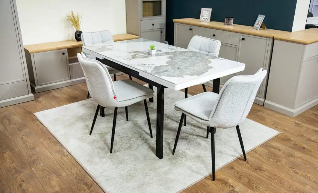 Set Masă Living Extensibilă Blat Ceramic KJT416 Alb-Cappuccino cu 4 Scaune DCM2001AF Bej 7
