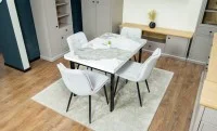 Set Masă Living Extensibilă Blat Ceramic KJT416 Alb-Cappuccino cu 4 Scaune DCM2001AF Bej