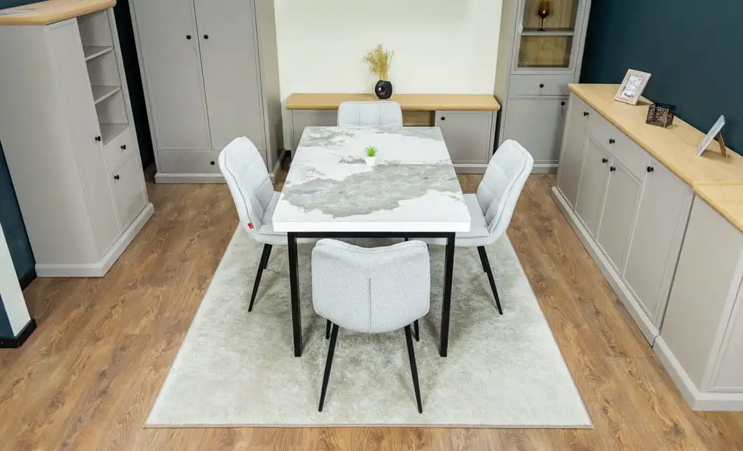 Set Masă Living Extensibilă Blat Ceramic KJT416 Alb-Cappuccino cu 4 Scaune DCM2001AF Bej