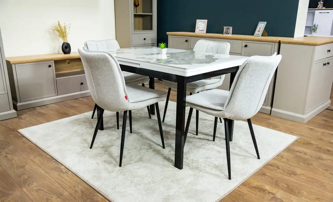 Set Masă Living Extensibilă Blat Ceramic KJT416 Alb-Cappuccino cu 4 Scaune DCM2001AF Bej 3