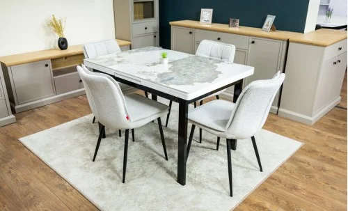 Set Masă Living Extensibilă Blat Ceramic KJT416 Alb-Cappuccino cu 4 Scaune DCM2001AF Bej