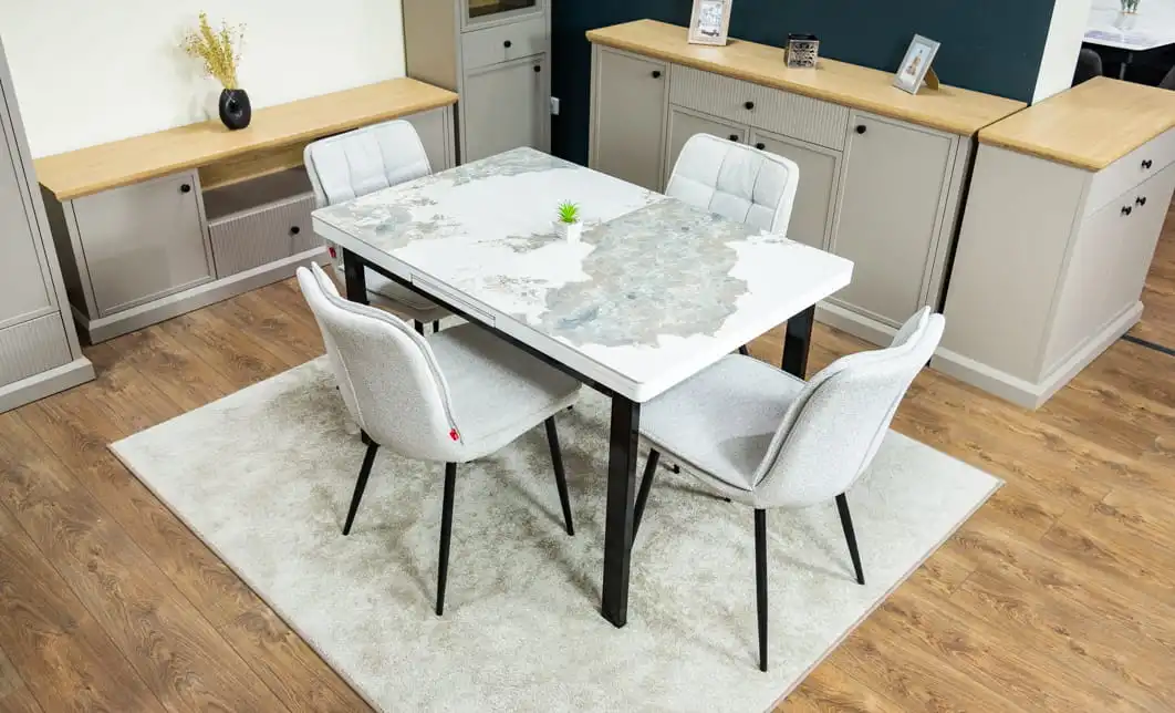Set Masă Living Extensibilă Blat Ceramic KJT416 Alb-Cappuccino cu 4 Scaune DCM2001AF Bej 2