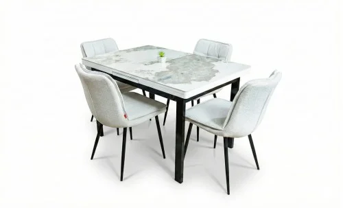 Set Masă Living Extensibilă Blat Ceramic KJT416 Alb-Cappuccino cu 4 Scaune DCM2001AF Bej