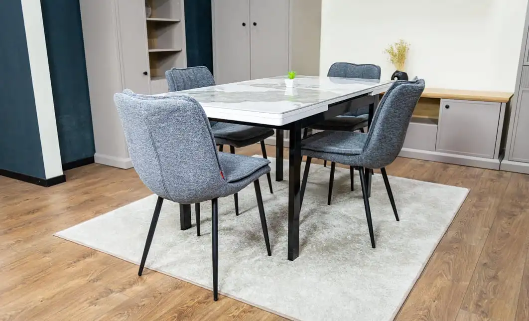 Set Masă Living Extensibilă Blat Ceramic KJT416 Alb-Cappuccino cu 4 Scaune DCM2001AF Gri
