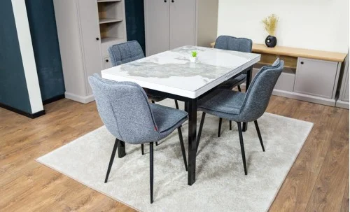 Set Masă Living Extensibilă Blat Ceramic KJT416 Alb-Cappuccino cu 4 Scaune DCM2001AF Gri