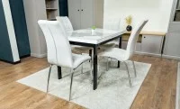 Set Masă Living Extensibilă Blat Ceramic KJT416 Alb-Cappuccino cu 4 Scaune F630 Bej 9