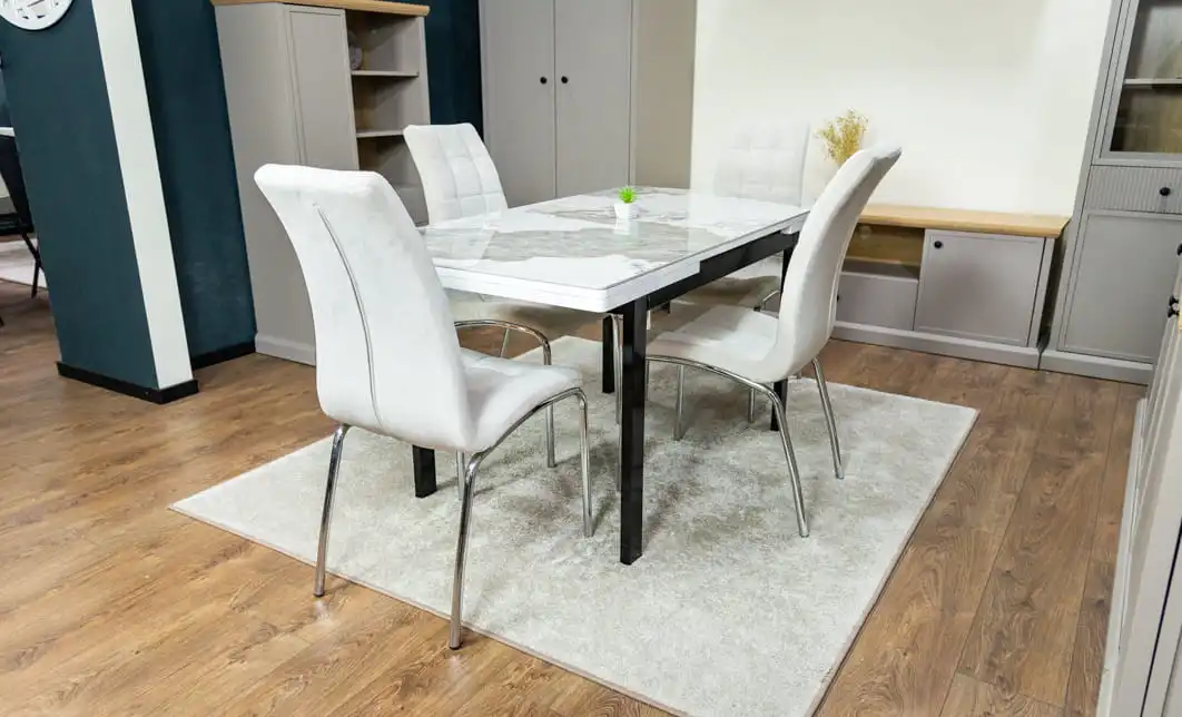 Set Masă Living Extensibilă Blat Ceramic KJT416 Alb-Cappuccino cu 4 Scaune F630 Bej 10