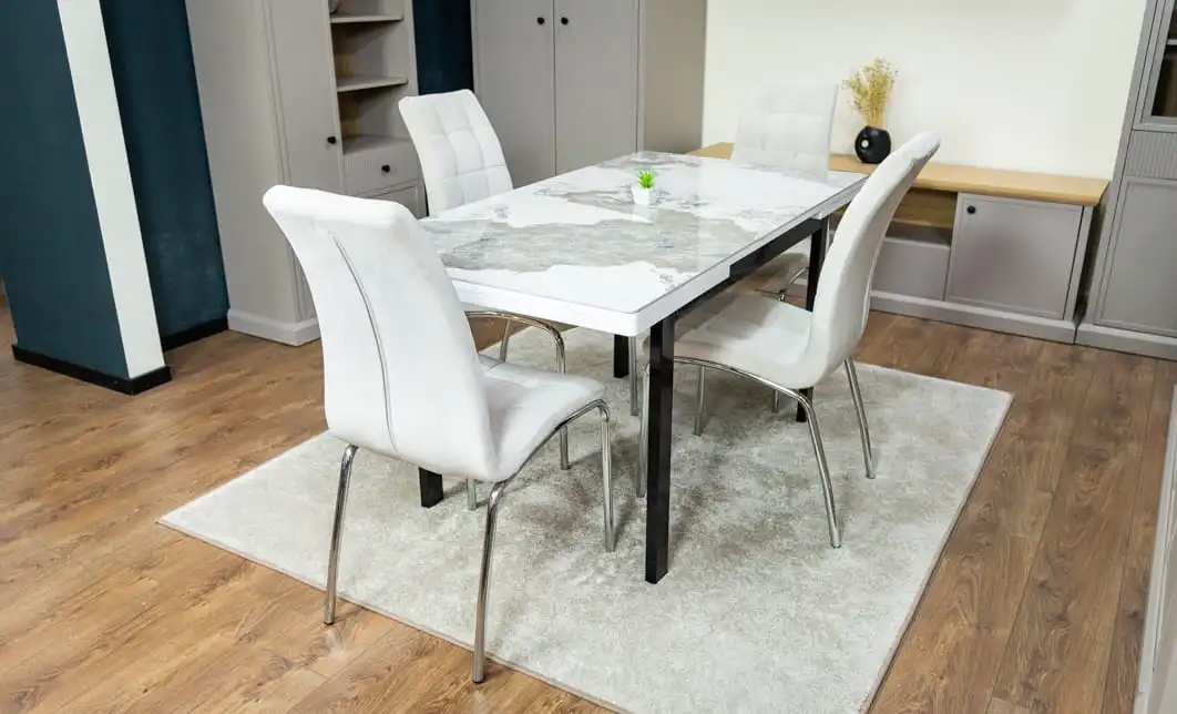 Set Masă Living Extensibilă Blat Ceramic KJT416 Alb-Cappuccino cu 4 Scaune F630 Bej