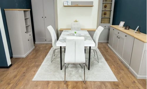 Set Masă Living Extensibilă Blat Ceramic KJT416 Alb-Cappuccino cu 4 Scaune F630 Bej