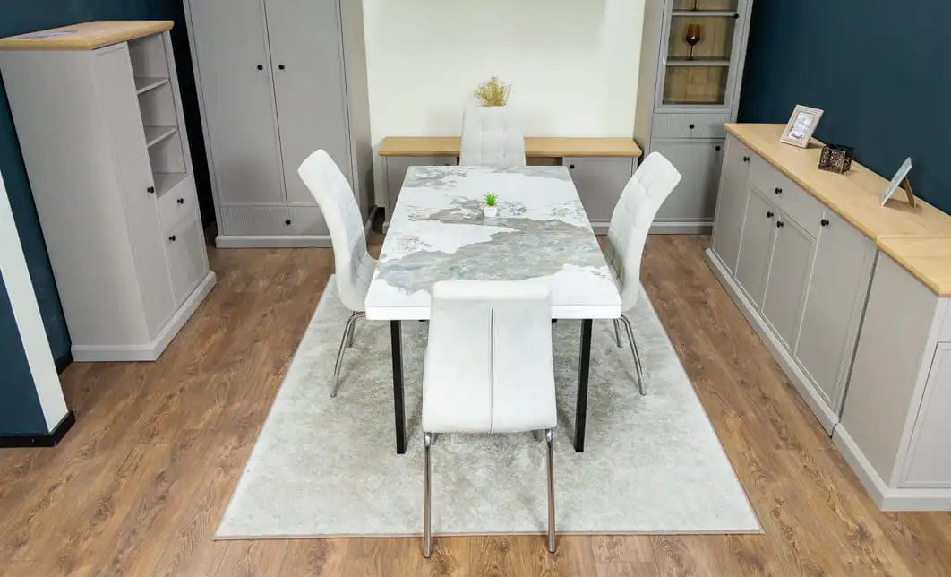 Set Masă Living Extensibilă Blat Ceramic KJT416 Alb-Cappuccino cu 4 Scaune F630 Bej 6