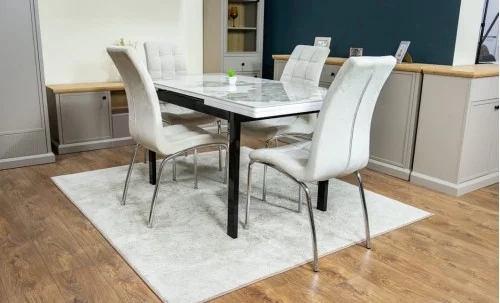 Set Masă Living Extensibilă Blat Ceramic KJT416 Alb-Cappuccino cu 4 Scaune F630 Bej