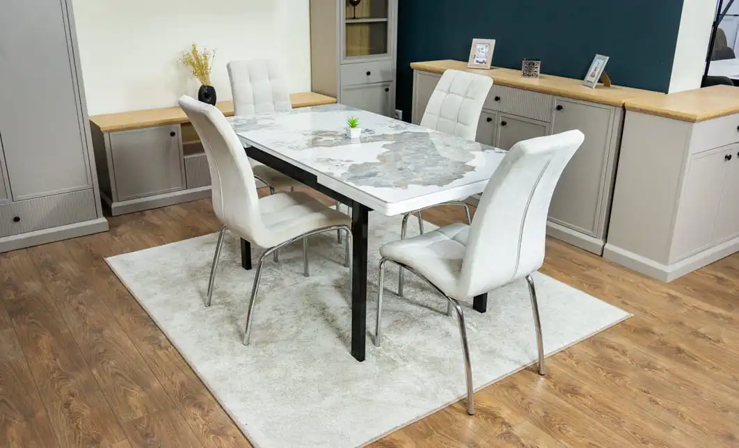 Set Masă Living Extensibilă Blat Ceramic KJT416 Alb-Cappuccino cu 4 Scaune F630 Bej 3