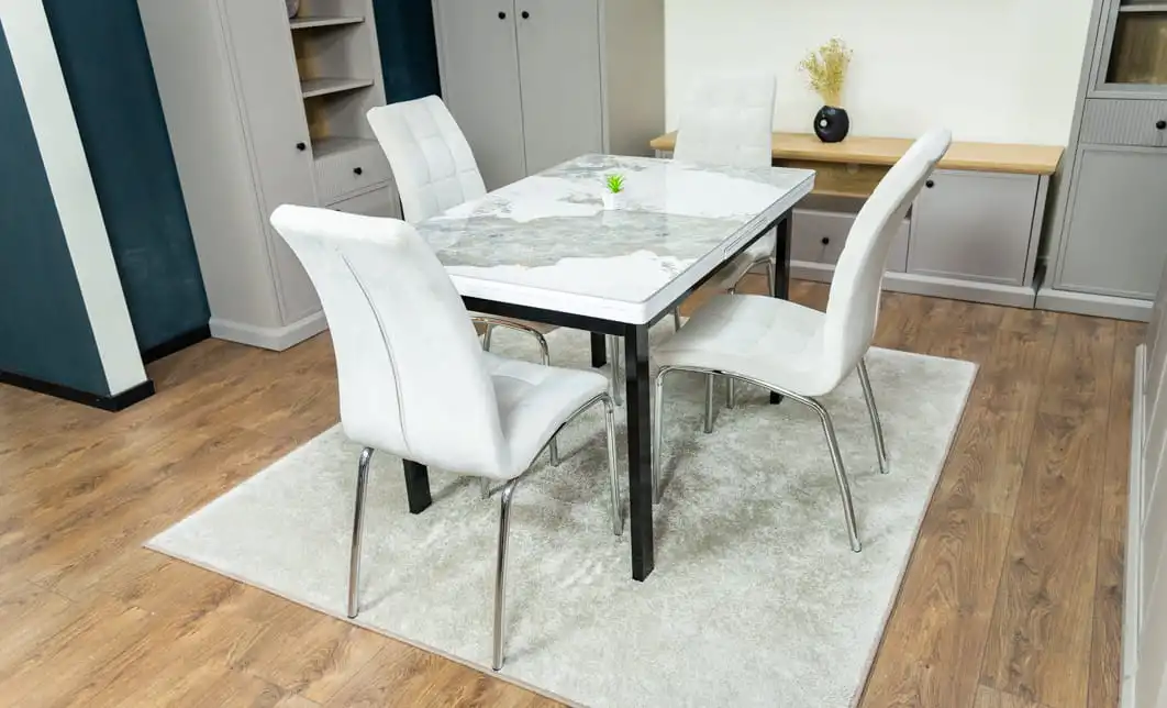 Set Masă Living Extensibilă Blat Ceramic KJT416 Alb-Cappuccino cu 4 Scaune F630 Bej