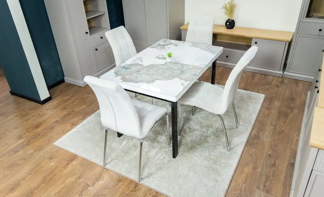 Set Masă Living Extensibilă Blat Ceramic KJT416 Alb-Cappuccino cu 4 Scaune F630 Bej