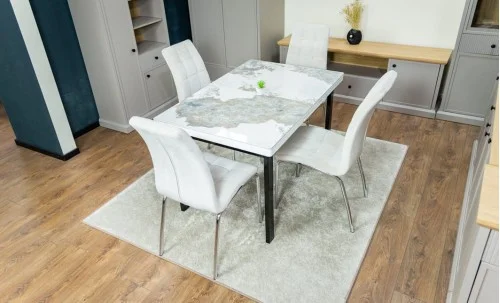 Set Masă Living Extensibilă Blat Ceramic KJT416 Alb-Cappuccino cu 4 Scaune F630 Bej