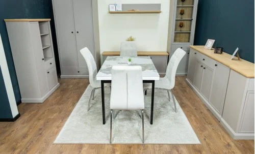 Set Masă Living Extensibilă Blat Ceramic KJT416 Alb-Cappuccino cu 4 Scaune F630 Bej