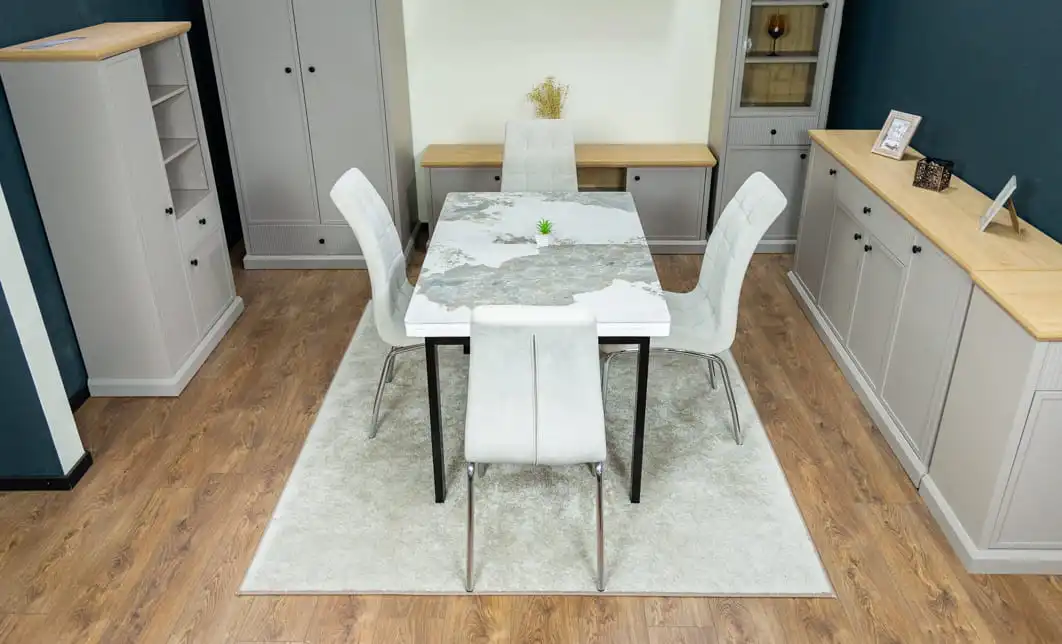 Set Masă Living Extensibilă Blat Ceramic KJT416 Alb-Cappuccino cu 4 Scaune F630 Bej 8
